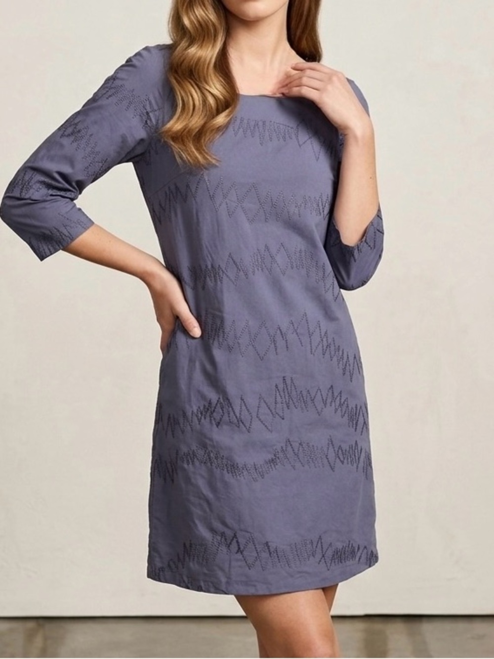 Bruuns Bazaar Copenhagen Shift Dress Dusty Blue Embroidered Sateen Cotton  38 S